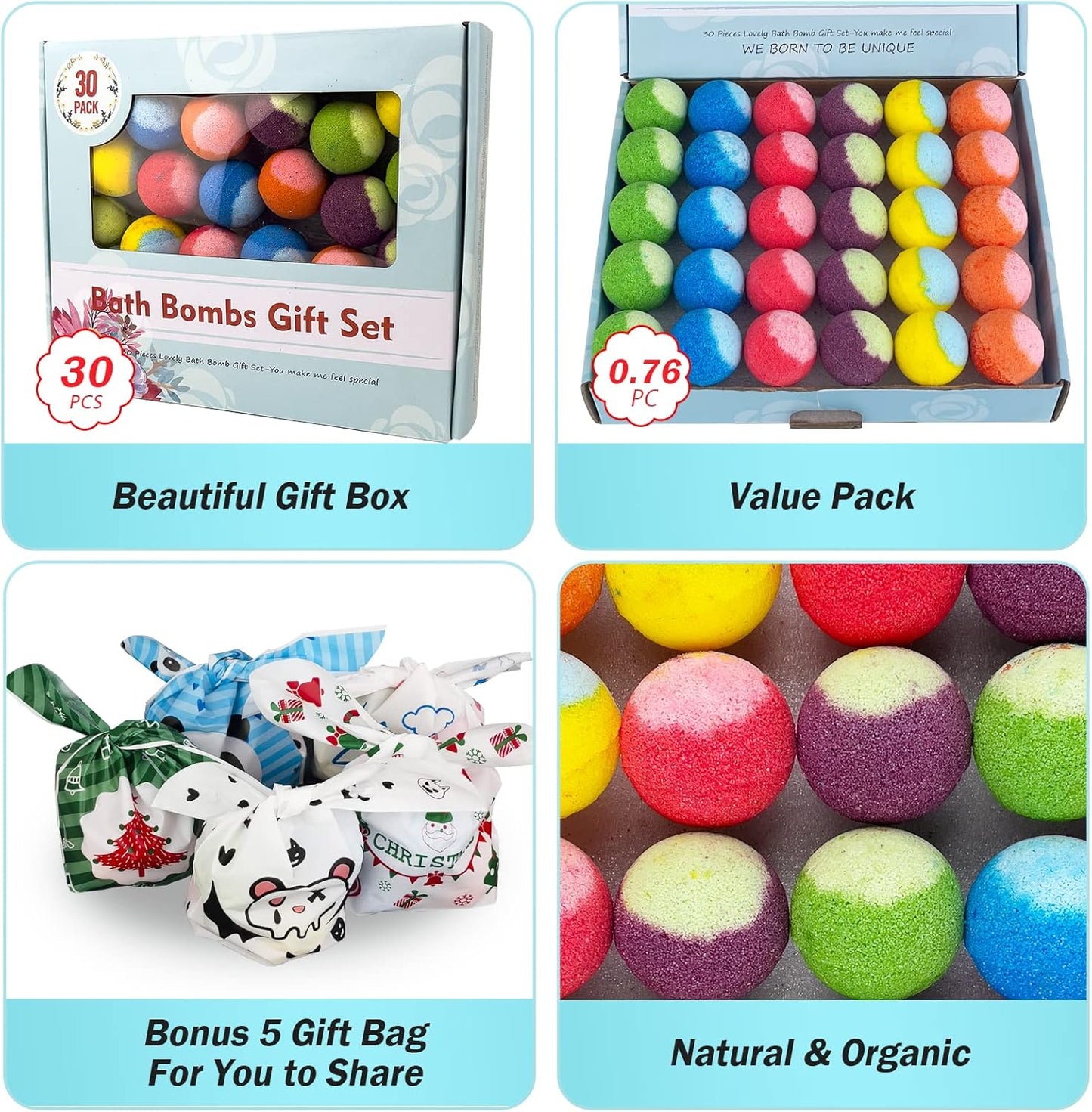 60 Pcs Bath Bombs Set - Massive Quantity Natural Bath Bombs for Kids/Women/Men